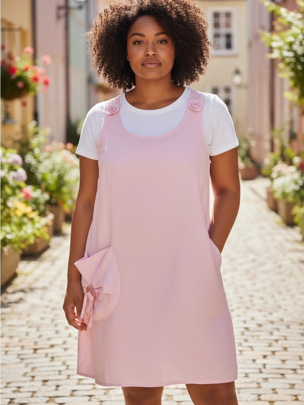 BLU 9  Light Pink Linen Tank Dress with Rosette Pocket size xl